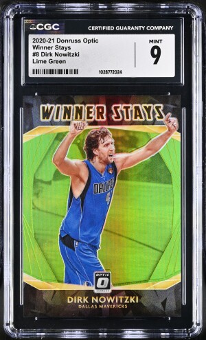 2020-21 Donruss Optic Winner Stays #8 Dirk Nowitzki CGC 9 Lime Green Prizm /149