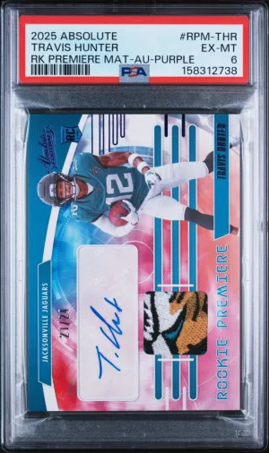 2025 Absolute Rookie Premiere #RPM-THR Travis Hunter RC Auto Purple PSA 6