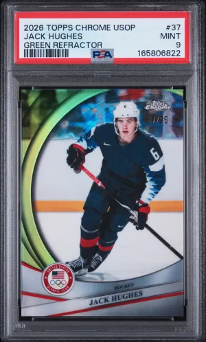2026 Topps Chrome Winter Olympics #37 Jack Hughes Green Refractor /99 PSA 9 GOLDEN GOAL