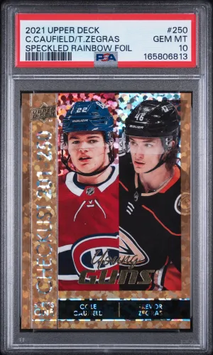 2021-2022 Upper Deck Caufield/Zegras Young Guns CL Speckled Rainbow Foil PSA 10