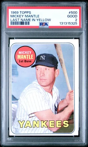 1969 Topps Mickey Mantle Last Name In Yellow PSA 2 #500