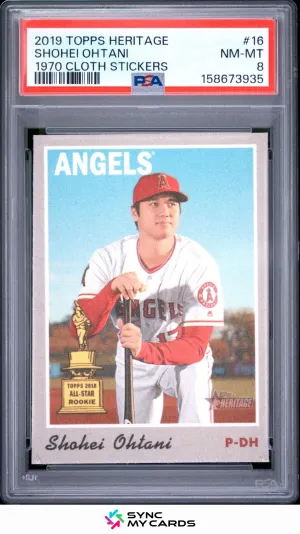 2019 Topps Heritage #16 Shohei Ohtani 1970 Cloth Stickers RC Rookie Cup PSA 8