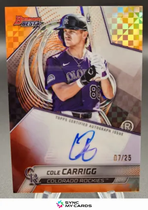 2025 Bowman's Best Cole Carrigg #B25-CCA Orange X-Fractor Auto /25 Rockies RC