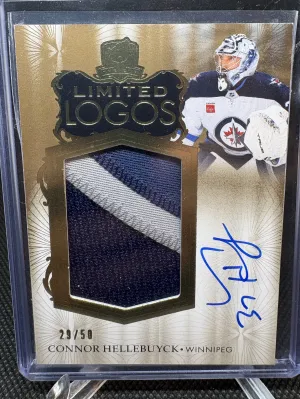 Connor Hellebuyck 2023-24 THE CUP LIMITED LOGOS PATCH AUTO #LL-HE Gold /50 Jets