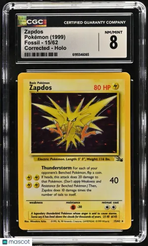 Zapdos 1999 Pokemon Fossil CGC 8 #15/62