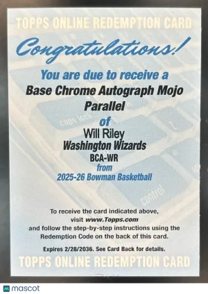 Flagship Will Riley Chrome Autograph #BCA-WR Washington Wizards
