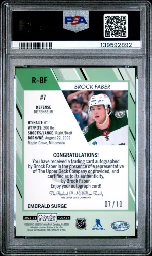2023/24 OPC Platinum Rookie Auto Brock Faber Emerald Surge 07/10 JERSEY # PSA 10 back