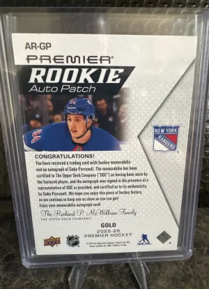 Gabe Perreault Premier Rookie Patch Auto /35 Gold Rpa back
