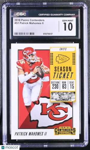 2018 Panini Contenders Patrick Mahomes II #51 CGC 10 Kansas City Chiefs