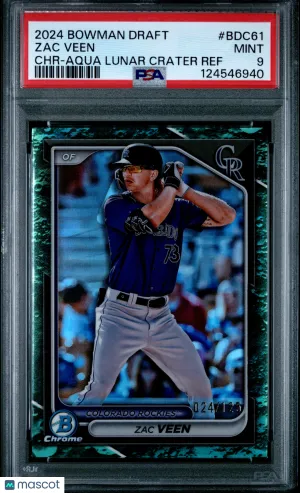 2024 Bowman Draft Zac Veen #BDC61 CHR Aqua Lunar Crater Ref /125 PSA 9