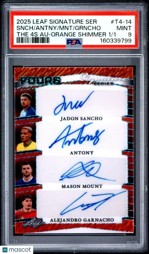 2025 Leaf Signature Series The Fours Autographs Jadon Sancho Mason Mount Antony Alejandro Garnacho Orange Shimmer 1/1 #T