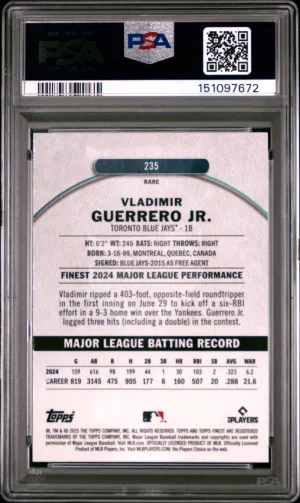 2025 Topps Finest Vladimir Guerrero JR. #235 Magenta Refractor /200 PSA 10 back