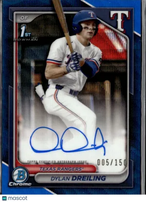 Dylan Dreiling 2022 Bowman Chrome Draft Auto Blue Refractor /150 Texas Rangers