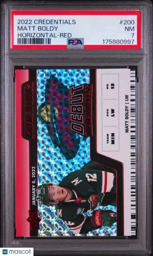 2022/23 Upper Deck Credentials Matt Boldy Horizontal Red Rookie 057/299 PSA 7