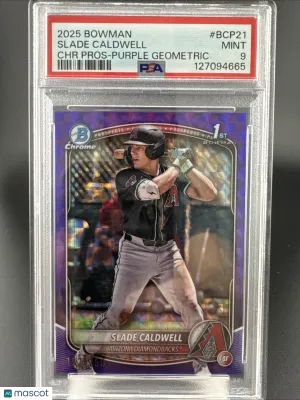 2025 Bowman Chrome Slade Caldwell #BCP 21 Purple Geometric Refractor Short Print Parallel/Variety Rookie PSA 9