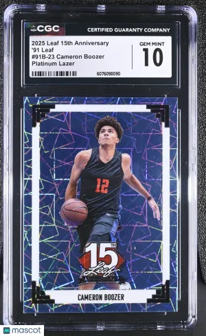 Graded 2025 Leaf 15th Anniversary Cameron Boozer Platinum Lazer /5 #91B-23 CGC 10 Basketball Card