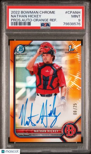 2022 Bowman Chrome Prospect Autographs Nathan Hickey #CPANH Pros. Auto Orange Refractor /25 PSA 9