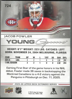 Jacob Fowler Upper Deck 2025-26 Extended Series Young Guns #724 back