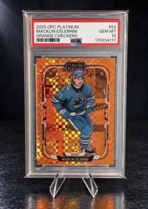 2025-26 O-Pee-Chee Platinum - Macklin Celebrini #53 Orange Checkers /25🍊PSA 10 Pop 1!