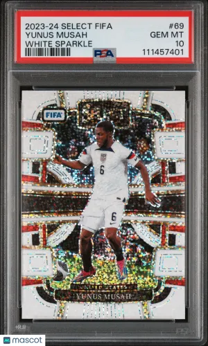 2023-24 Panini Select FIFA Yunus Musah #69 White Sparkle PSA 10