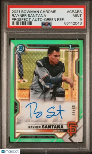2021 Bowman Chrome Prospect Autographs Rayner Santana Prospect Auto Green Refractor PSA 9