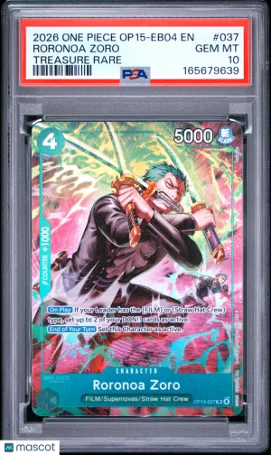 2026 One Piece Op15-Eb04-Adventure On Kami's Island Roronoa Zoro Treasure Rare PSA 10 #037
