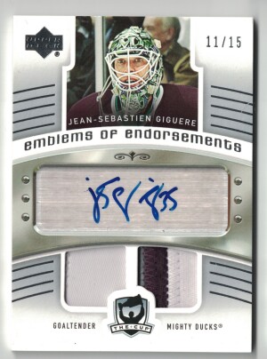 2005-06 Upper Deck The Cup Hockey Emblems Of Endorsements Jean-Sebastien Giguere 11/15 Autograph Patch