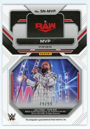 2023 Panini Prizm WWE MVP Sensational Signatures Prizm Red 79/99 #SN-MVP back