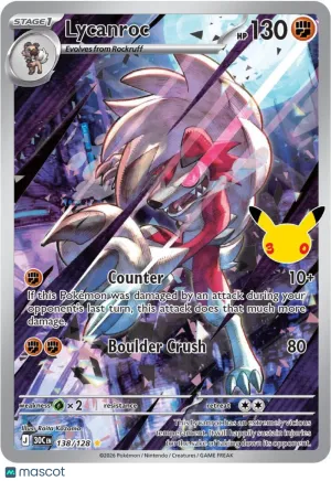 Pokemon TCG 30th Celebration Lycanroc Holo Secret Rare #138/128