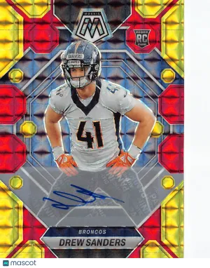 2023 Panini Mosaic Drew Sanders Red Yellow Fusion Auto Rookie RC #318 Denver Broncos