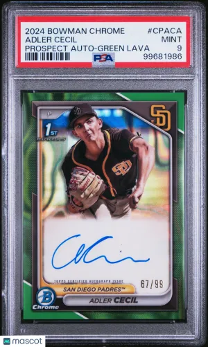 2024 Bowman Chrome Prospect Autographs Adler Cecil Green Lava Pop 1 None Higher PSA 9