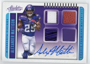 2019 Absolute Alexander Mattison Rookie Premiere Material Autograph Quad 4/25 #202