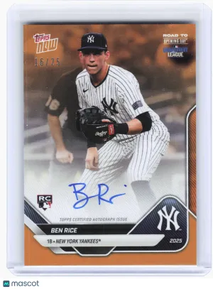2025 Topps Now Road to Opening Day Baseball—Ben Rice #A-BR Orange RC 16/25—Excellent
