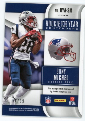 2018 Contenders Optic Sony Michel Rookie of the Year Contenders Autograph Purple 54/99 back