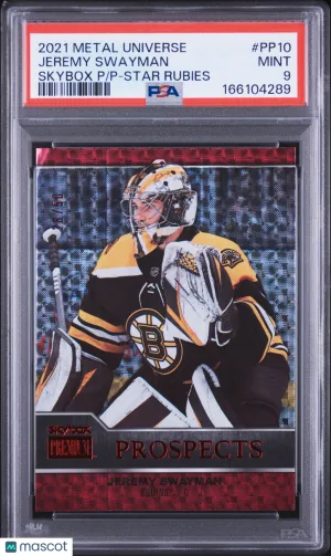 2021-2022 Skybox Metal Universe Jeremy Swayman Star Rubies Rookie 28/50 PSA 9