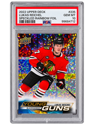 2022 Upper Deck Lukas Reichel Young Guns Speckled Rainbow Foil PSA 10 RC
