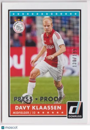 2015 Panini Donruss Base Set Silver Press Proof #100 Davy Klaassen 130/199 Ajax Soccer Card