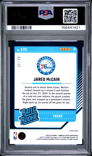 2024 Donruss Optic Rated Rookie Jared Mccain #270 Copper Glitter 84/99 PSA 10 back