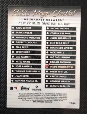 2026 Topps Finest Team Finest Rookie Jacob Misiorowski Brewers TF-24 back