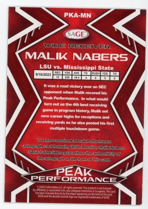 2024 Sage Malik Nabers Peak Performance Autograph ***see description*** back