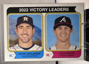 2023 Topps Heritage #205 2022 Victory Leaders (Justin Verlander / Kyle Wright)