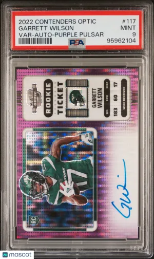 Garrett Wilson 2022 Contenders Optic #117 Purple Pulsar /21 RC Auto PSA9 MINT
