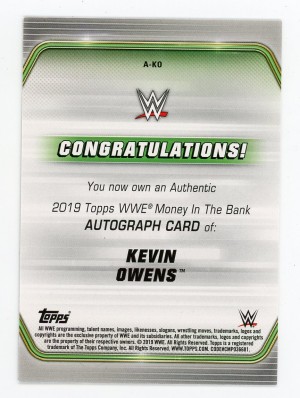 2019 Topps WWE Kevin Owens Money in the Bank Autograph 188/199 #A-KO *see description* back
