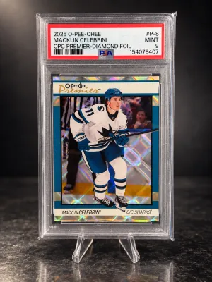 2025-26 O-Pee-Chee Premier Macklin Celebrini #P-8 Diamond Rainbow Foilboard /75