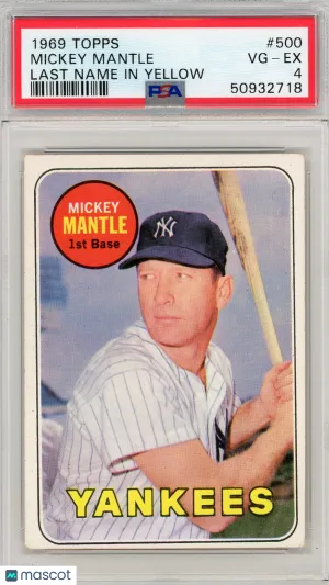 1969 Topps Mickey Mantle #500 Last Name In Yellow PSA 4