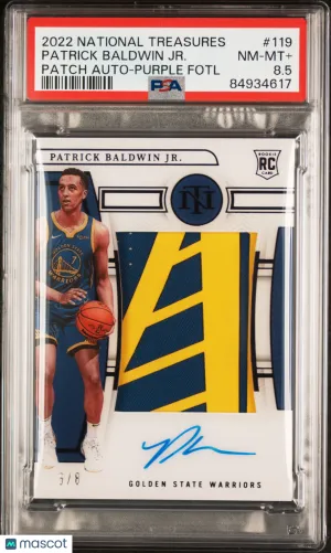 2022 Panini National Treasures Patrick Baldwin JR. Patch Auto Purple Fotl PSA 8.5