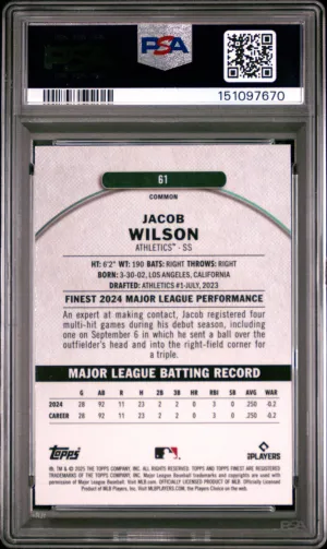 2025 Topps Finest Jacob Wilson #61 Purple Checkerboard /150 PSA 9 back