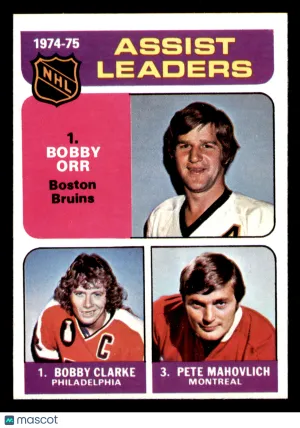 1975 Topps Assist Leaders (Pete Mahovlich, Bobby Orr, & Bobby Clarke) #209