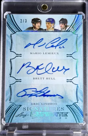 2019-20 Leaf Ultimate Signatures Mario Lemieux/Hull/Lindros Auto Blue /3 #US3-09