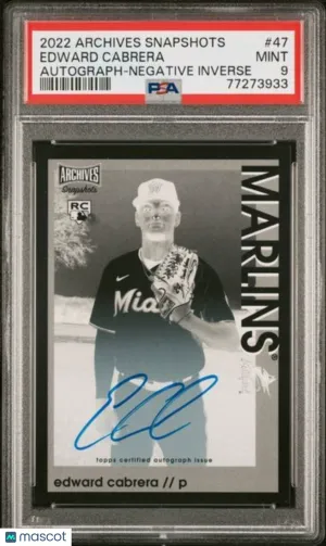 2022 Topps Archives Snapshots Edward Cabrera Negative Inverse Auto Rookie PSA 9Miami Marlins